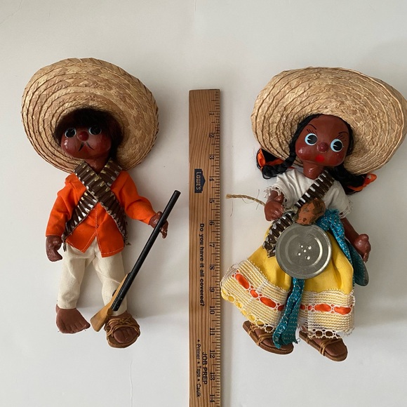 Pair Man Woman Mexican Folk Art Dolls Oil Cloth in Peasant Costumes - Picture 3 of 12